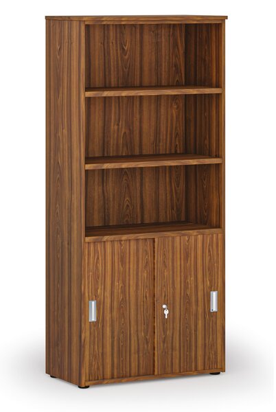 Kombinovaná kancelářská skříň PRIMO WOOD, zasouvací dveře na 2 patra, 800 x 420 x 1781 mm, ořech