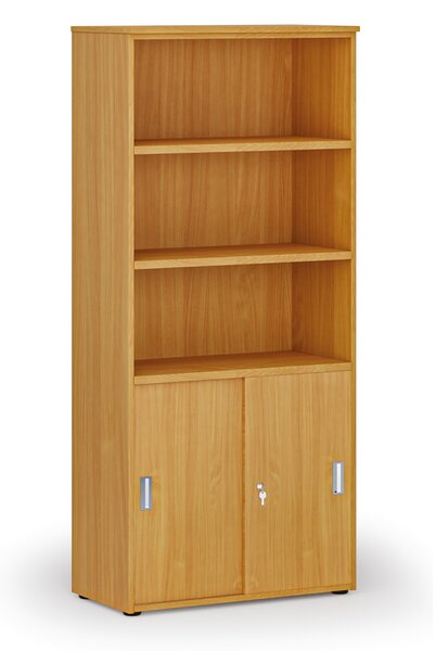Kombinovaná kancelářská skříň PRIMO WOOD, zasouvací dveře na 2 patra, 800 x 420 x 1781 mm, buk