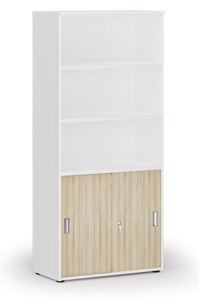 Kombinovaná kancelářská skříň PRIMO WHITE, zasouvací dveře na 2 patra, 800 x 420 x 1781 mm, bílá/dub přírodní