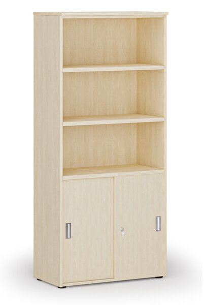 Kombinovaná kancelářská skříň PRIMO WOOD, zasouvací dveře na 2 patra, 800 x 420 x 1781 mm, bříza