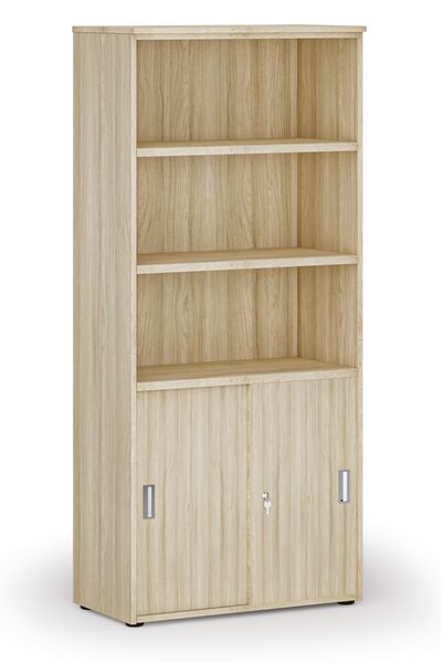 Kombinovaná kancelářská skříň PRIMO WOOD, zasouvací dveře na 2 patra, 800 x 420 x 1781 mm, dub přírodní