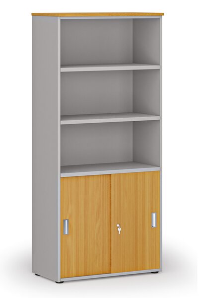 Kombinovaná kancelářská skříň PRIMO GRAY, zasouvací dveře na 2 patra, 800 x 420 x 1781 mm, šedá/buk