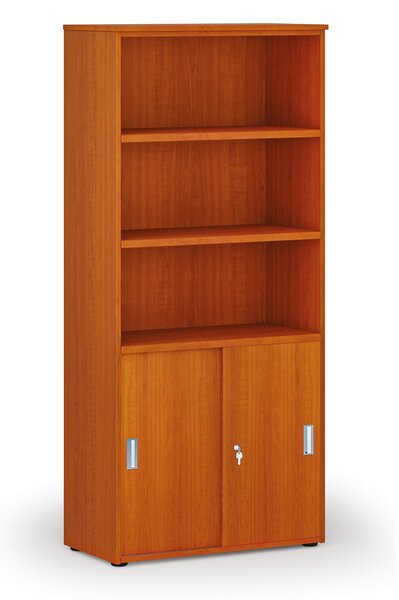Kombinovaná kancelářská skříň PRIMO WOOD, zasouvací dveře na 2 patra, 800 x 420 x 1781 mm, třešeň