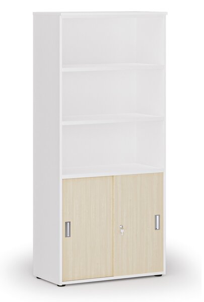 Kombinovaná kancelářská skříň PRIMO WHITE, zasouvací dveře na 2 patra, 800 x 420 x 1781 mm, bílá/bříza