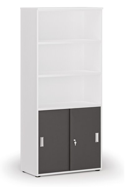 Kombinovaná kancelářská skříň PRIMO WHITE, zasouvací dveře na 2 patra, 800 x 420 x 1781 mm, bílá/grafit