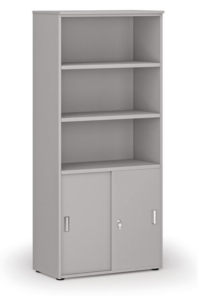 Kombinovaná kancelářská skříň PRIMO GRAY, zasouvací dveře na 2 patra, 800 x 420 x 1781 mm, šedá