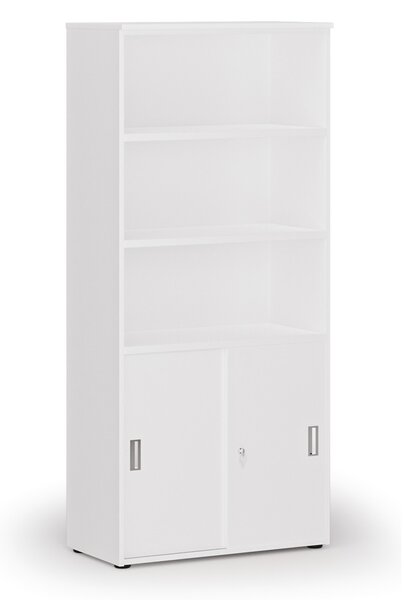 Kombinovaná kancelářská skříň PRIMO WHITE, zasouvací dveře na 2 patra, 800 x 420 x 1781 mm, bílá