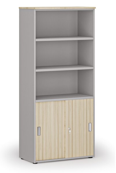 Kombinovaná kancelářská skříň PRIMO GRAY, zasouvací dveře na 2 patra, 800 x 420 x 1781 mm, šedá/dub přírodní