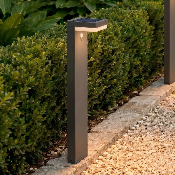 Lindby LED solární sloupková lampa Chioma, antracitová, senzor, Hliník / šedá / zinek, Nerezová ocel, Moderní, Solární lampy