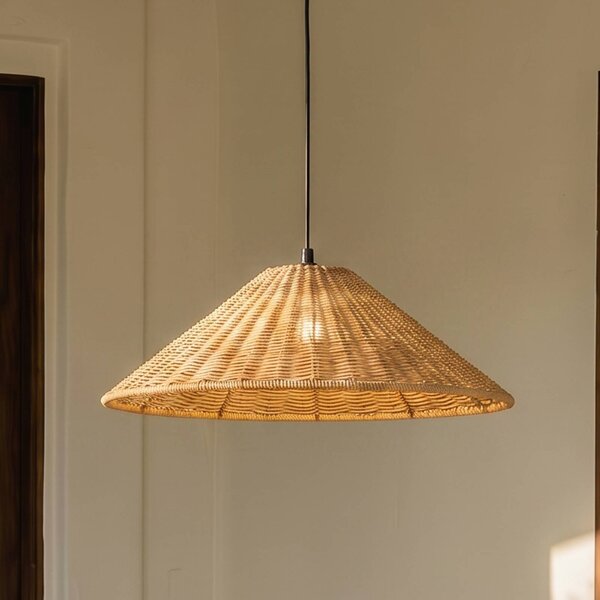 Lucande Venkovní závěsná lampa Taniola, 1 žárovka, kuželovitá, Ø 60 cm, stmívatelný, Tmavé dřevo, Dřevo, Venkovský / rustikální