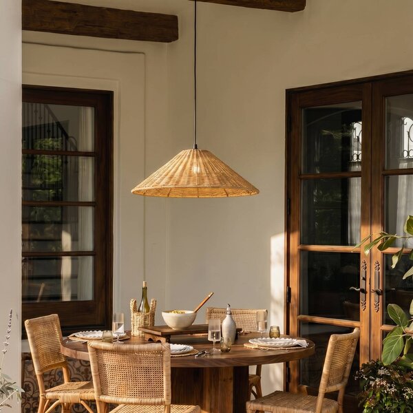Lucande Venkovní závěsná lampa Taniola, 1 žárovka, kuželovitá, Ø 60 cm, stmívatelný, Tmavé dřevo, Dřevo, Venkovský / rustikální