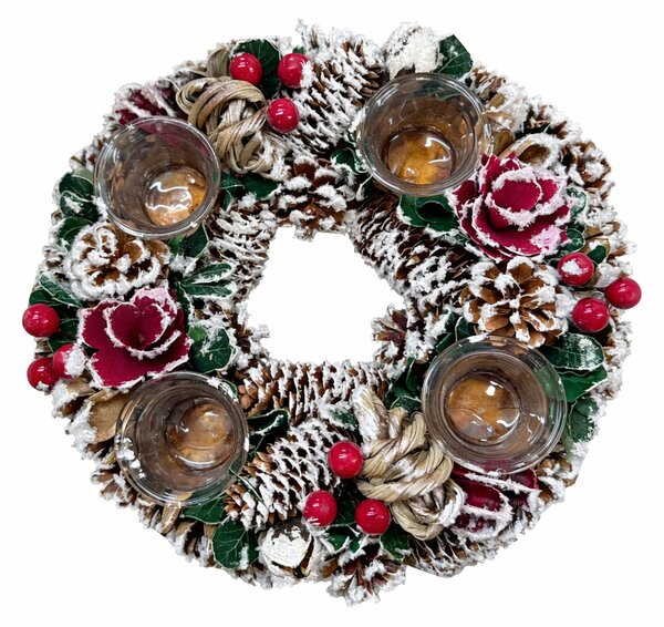 Přírodní adventní věnec červený zasněžený se skleněnými kalíšky – průměr 32 cm 3001202