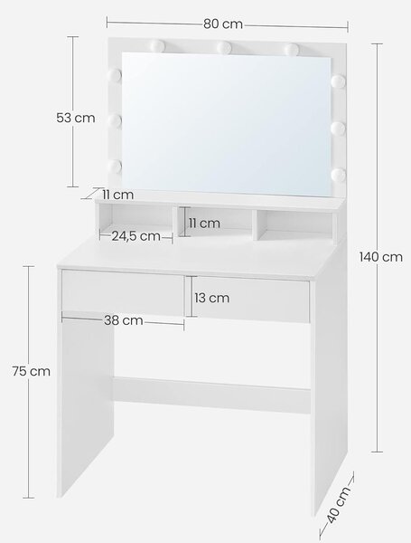 Toaletní stolek, toaletní stůl se 9 LED žárovkami, bílý