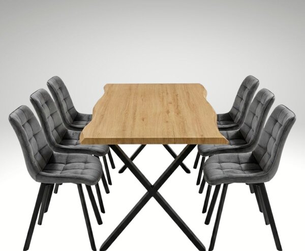 Vikio Jídelní set pro 6 osob 180x90 cm soft dub noha X šedá židle VJS238-6S-S