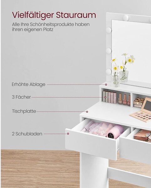 Toaletní stolek, toaletní stůl se 9 LED žárovkami, bílý