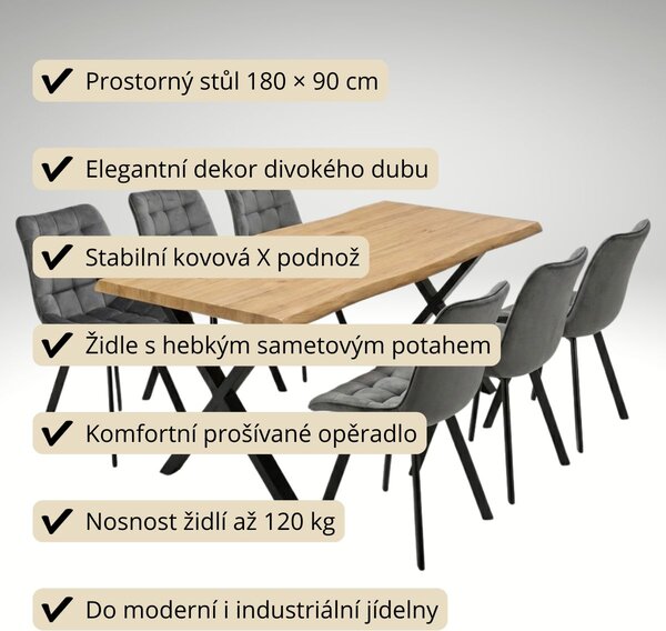 Vikio Jídelní set pro 6 osob 180x90 cm soft dub noha X šedá židle VJS238-6S-S