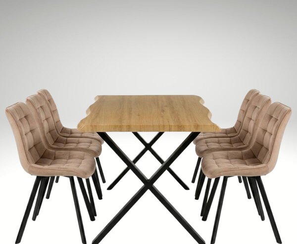 Vikio Jídelní set pro 6 osob 180x90 cm soft dub noha X béžová židle VJS238-6BE-S