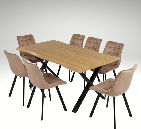 Vikio Jídelní set pro 8 osob 180x90 cm soft dub noha X béžová židle VJS238-8BE-S