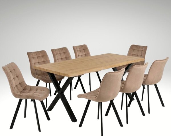 Vikio Jídelní set pro 8 osob 180x90 cm soft dub noha X béžová židle VJS238-8BE-S