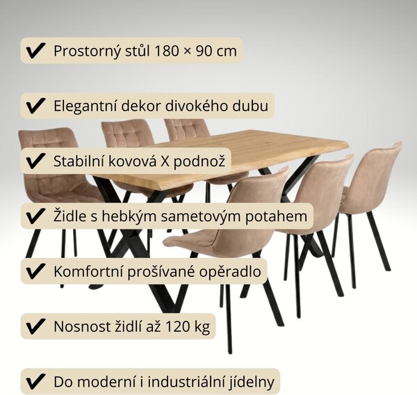 Vikio Jídelní set pro 6 osob 180x90 cm soft dub noha X béžová židle VJS238-6BE-S