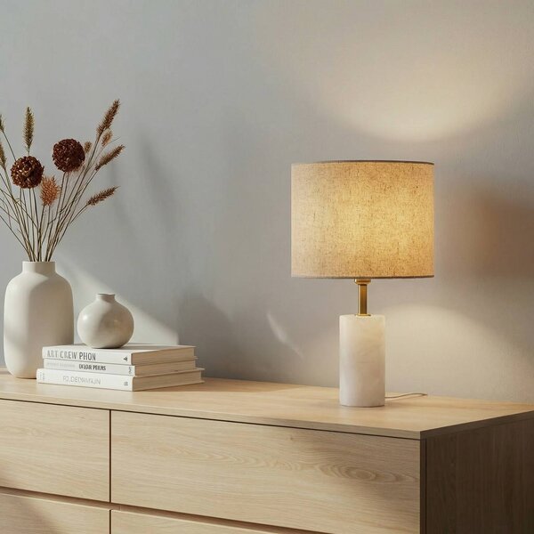 Lindby stolní lampa Alabaster, bílá/béžová, Ø 25 cm, mramor, E27, Krémová / jantar, Obývací pokoj / jídelna, Textil / tkanina / hedvábí, Skandinávský