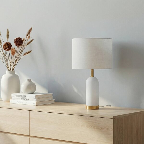 Lindby Stolní lampa alabastr, bílá/zlatá, Ø 30 cm, mramor, E27, Bílá / opál, Obývací pokoj / jídelna, Textil / tkanina / hedvábí, Skandinávský