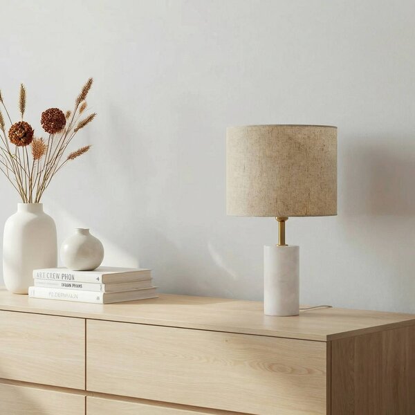 Lindby stolní lampa Alabaster, bílá/béžová, Ø 25 cm, mramor, E27, Krémová / jantar, Obývací pokoj / jídelna, Textil / tkanina / hedvábí, Skandinávský