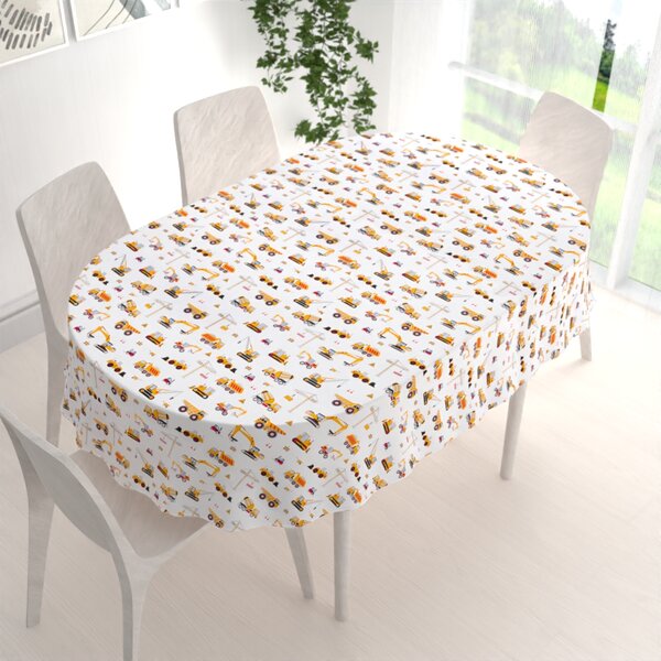 Biante Dětský bavlněný oválný ubrus Sandra SA-081 Nákladní auta a bagry na bílém 100x140 cm
