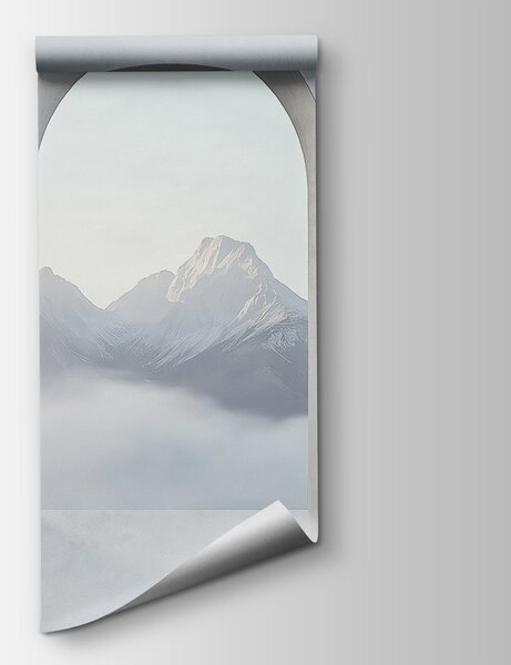Fototapeta Bílý pokoj s klenutými okny a horami v pozadí, Fototapety s okny, Populární fototapety, w02510 - Tapeko.co.cz