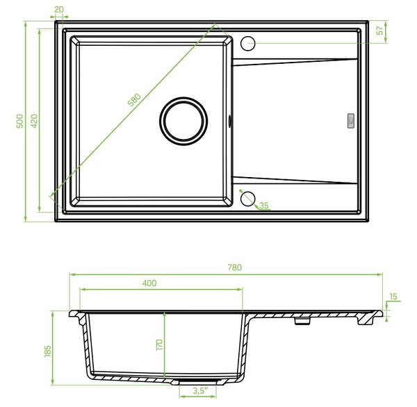 Laveo Megalo, 1-komorový granitový dřez 780x500x185 mm, černá, LAV-SBE_711B