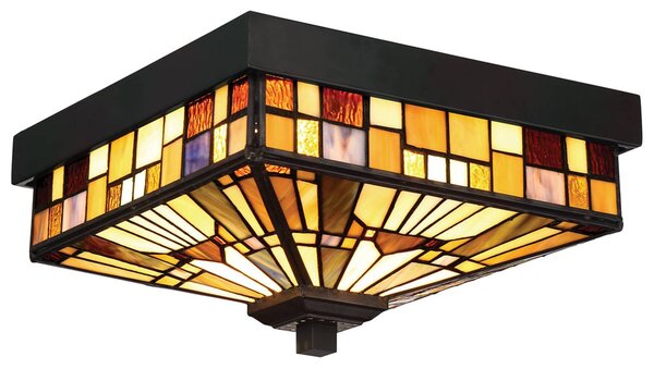 QUOIZEL Venkovní stropní světlo Inglenook s barevným sklem, stmívatelný, Bronz / starožitná mosaz, kov, Tiffany