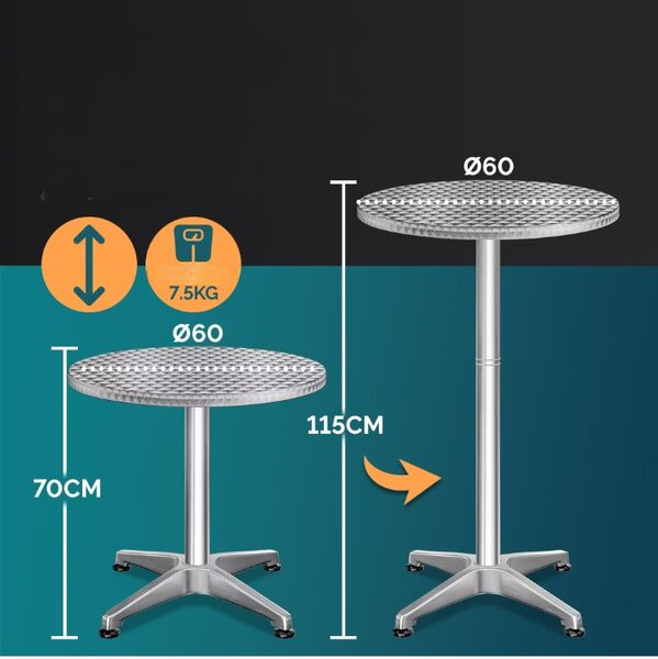 Deuba Hliníkový barový stůl Ø60 cm skládací - stříbrný