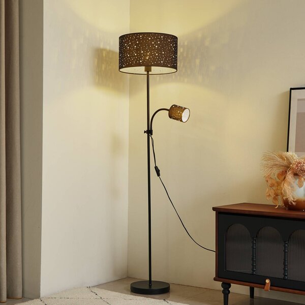 Lindby Stojací lampa Melanie, černá, tkanina, Ø 36 cm, 2 světla., Černá, Obývací pokoj / jídelna, kov, Moderní, Lampička na čtení