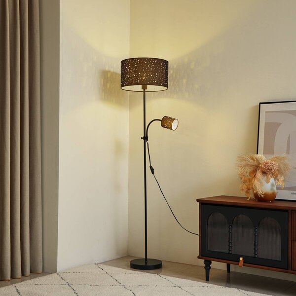 Lindby Stojací lampa Melanie, černá, tkanina, Ø 36 cm, 2 světla., Černá, Obývací pokoj / jídelna, kov, Moderní, Lampička na čtení