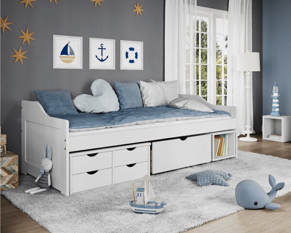 KONDELA Postel s úložným prostorem, bílá, masiv, 90x200, MAXI NEW