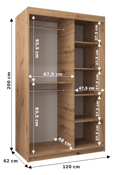 Šatní skříň se zrcadly DARINA - šířka 120 cm, dub sonoma