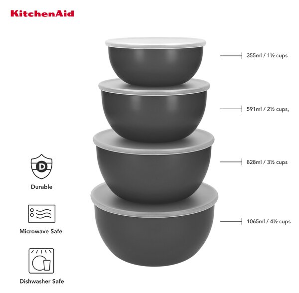 Kuchyňské misky KitchenAid s víkem, šedé, set 4 ks KQG176OSCGG