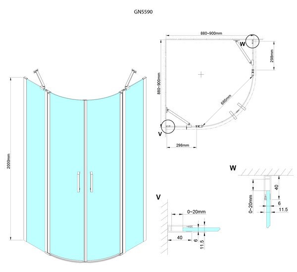 Gelco Gelco, LORO čtvrtkruhová sprchová zástěna 900x900mm, čiré sklo, pravá, GN5590