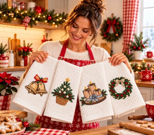 Bellatex Kuchyňská utěrka s výšivkou 1 ks 50x70 cm Stromek vánoční Béžová