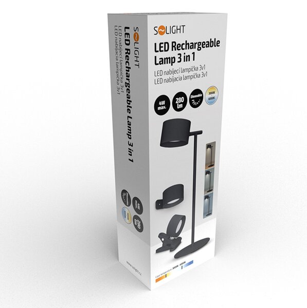 Solight LED nabíjecí lampička 3v1, 280lm, změna CCT, stmívání, černá WO68-B