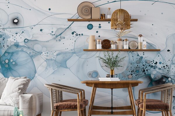 Fototapety Abstraktní inkoustové umění, tekutý styl, modrá barevná paleta , Fototapety akvarel, w02744v2 : uwalls.cz