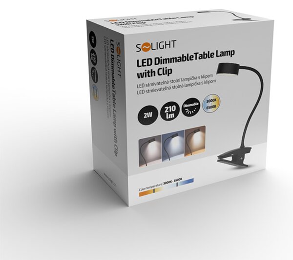 Solight LED stolní nabíjecí lampička, 2W, 210lm, 3CCT, černá, clip WO3001-B