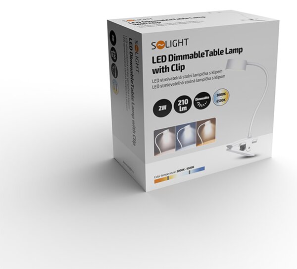 Solight LED stolní nabíjecí lampička, 2W, 210lm, 3CCT, bílá, clip WO3001-W
