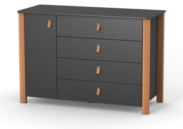 Komoda se 4 zásuvkami Zukko Gekko. 120x50x85cm. Tmavě šedá / Přírodní buk