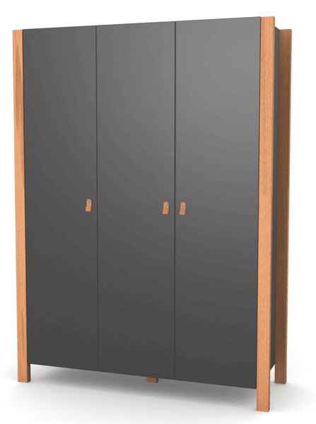 Třídveřová šatní skříň Zukko Gekko. 180x47x131cm. Tmavě šedá / Přírodní buk