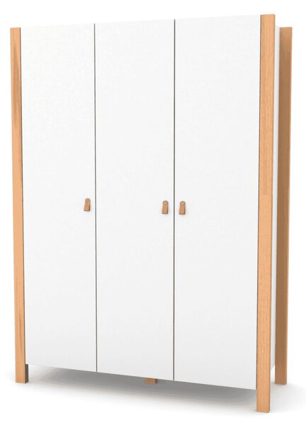 Třídveřová šatní skříň Zukko Gekko. 180x47x131cm. Bílá / Přírodní Buk