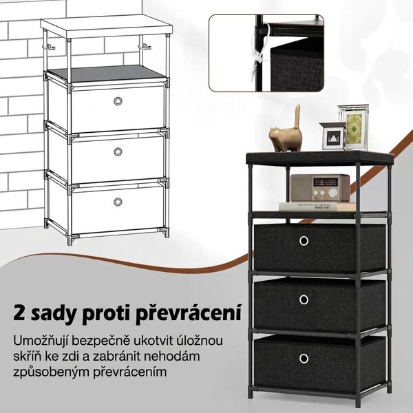 Regál se 3 látkovými koši a policí, černý JZ10314BK