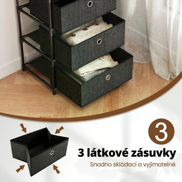 Regál se 3 látkovými koši a policí, černý JZ10314BK
