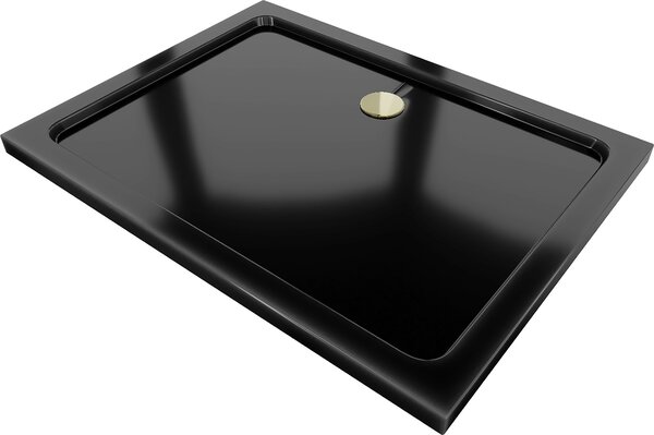 Mexen Flat, akrylátová sprchová vanička 100x70x5 cm SLIM, černá, zlatý sifon, 40707010G