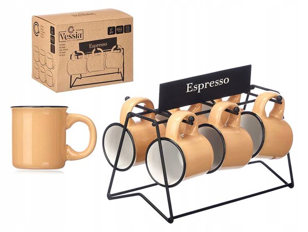 PORCELÁNOVÉ ŠÁLKY NA ESPRESSO ŽLUTÉ 100 ML 6 KS S KOVOVÝM STOJANEM